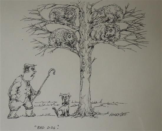 Two pairs of pen and ink cartoons by Honeysett and Ken Pine, largest 19 x 25cm